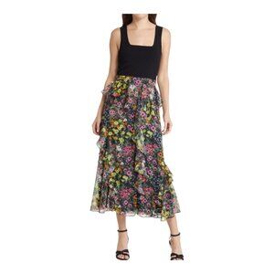 Ted Baker Jennias Black Floral Fit & Flare Midi Dress Ruffle Skirt, size 3